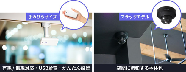 手のひらサイズ：有線/無線対応・USB給電・かんたん設置 ブラックモデル：空間に調和する本体色